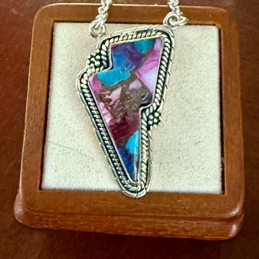 Stunning Purple Dahlia Lightening Bolt Necklace Western Pendant Sterling Silver